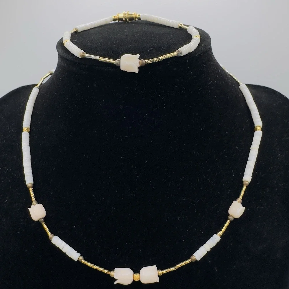 Vintage Puka Shell Necklace & Bracelet Coral Tulip Dainty 15